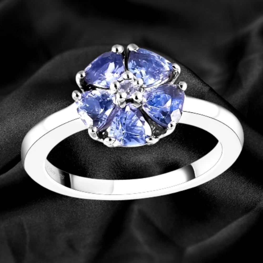 NWT TANZANITE FLORAL CLUSTER RING IN PLATINUM OVER STERLING SILVER SZ 8.0